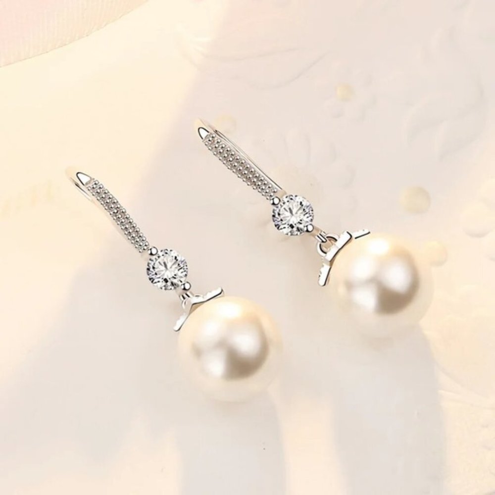 925 Sterling silver Pretty crystal pearl earrings for women fashion designer - Picture 3 of 6